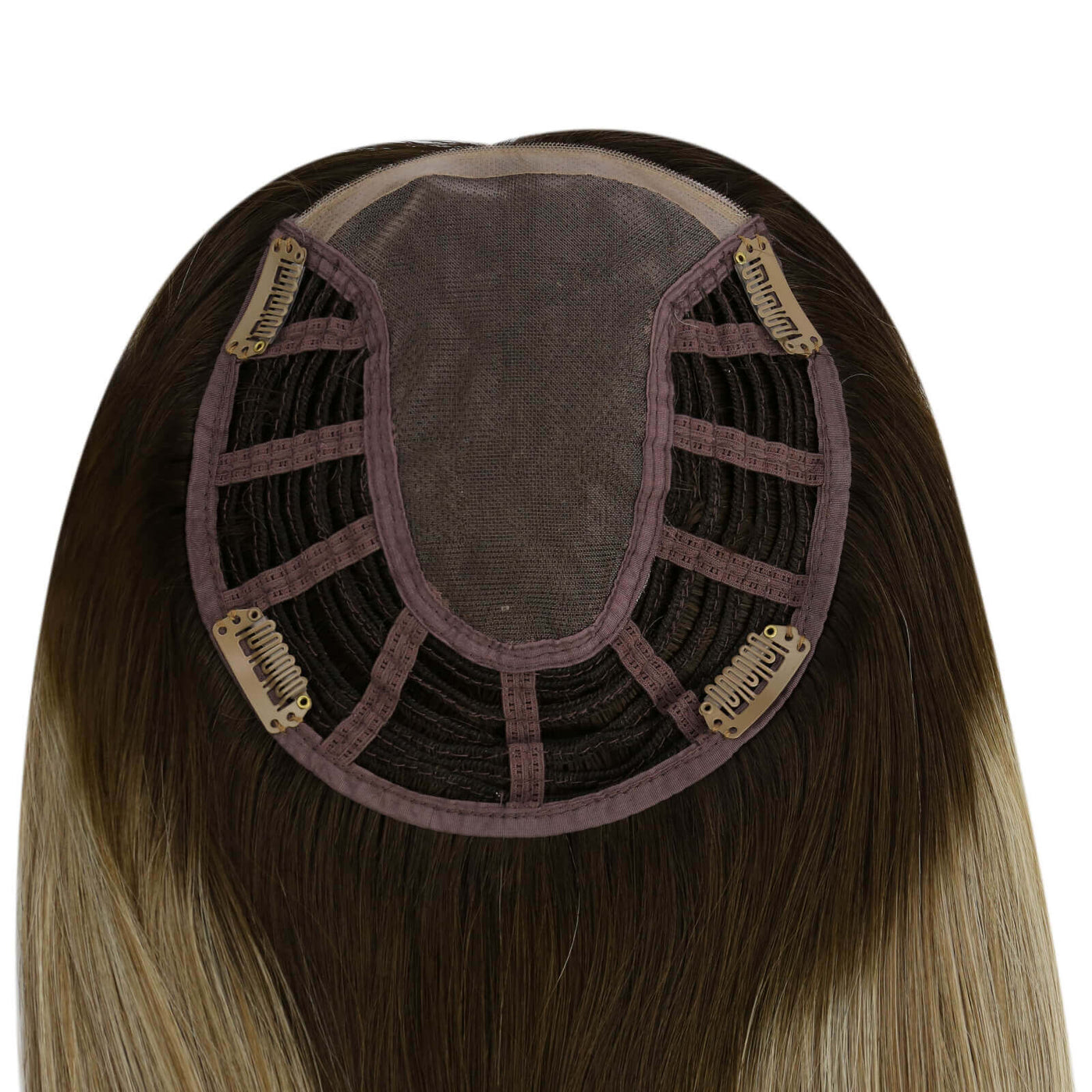 [US Only][Half Price]Virgin 100% Human Hair Topper With Clips Mono Base Large Base Dark Brown Ombre Blonde Human Hair Pieces  #3/8/22