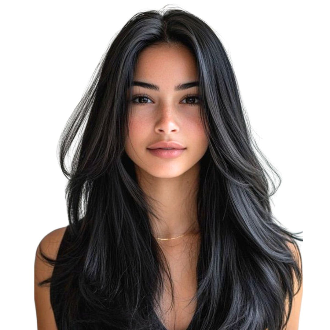 Model wearing Vivien 6x6 virgin black human hair topper #1B for thinning hair
