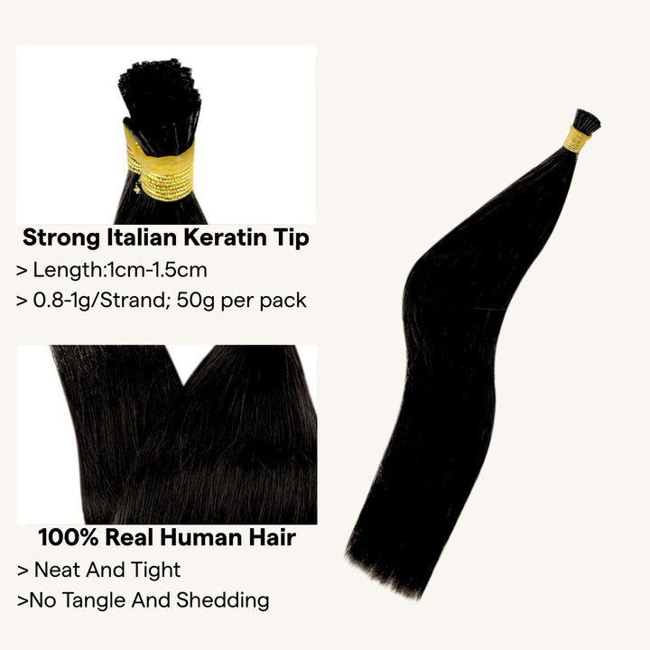 I-Tip Human Hair Extensions Pre-Bonded Jet Black Straight Hair Remy Keratin Hair Hot Fusion Hair 