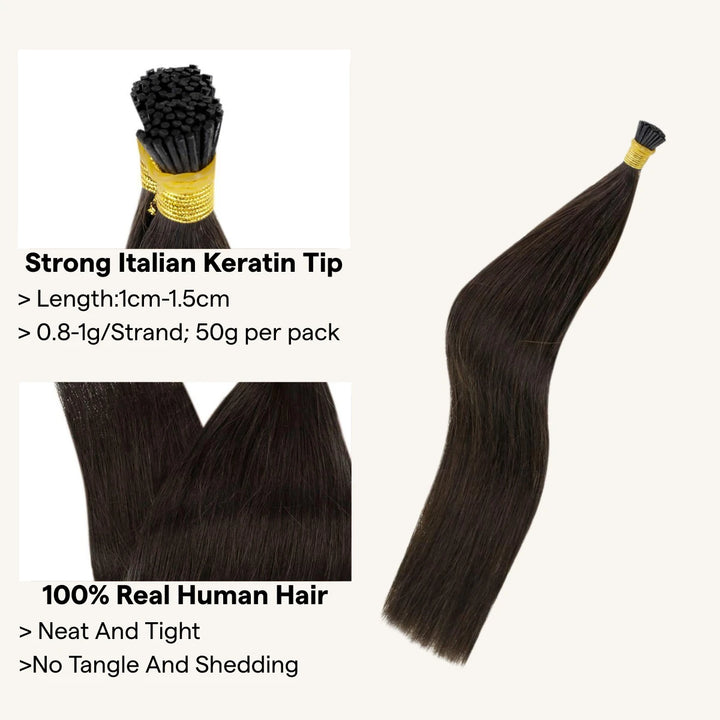 I-Tip Human Hair Extensions Pure Color Darkest Brown Silky Straight Remy Hair Extensions Keratin Hair 