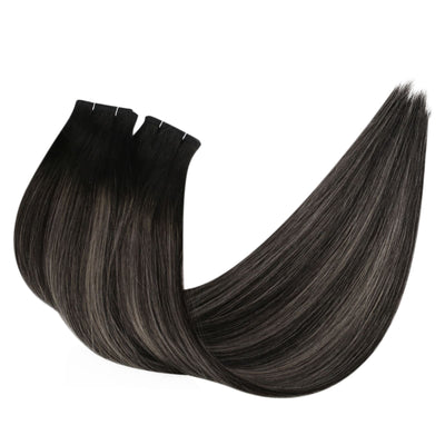 Flat Silk Weft PU Sew In Virgin Hair Balayage Black With Silver Real Human Weft Hair #1B/Silver/1B