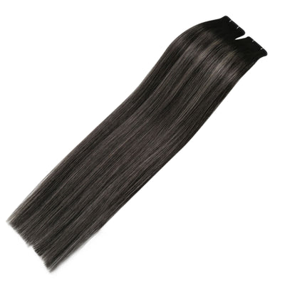 Flat Silk Weft PU Sew In Virgin Hair Balayage Black With Silver Real Human Weft Hair #1B/Silver/1B