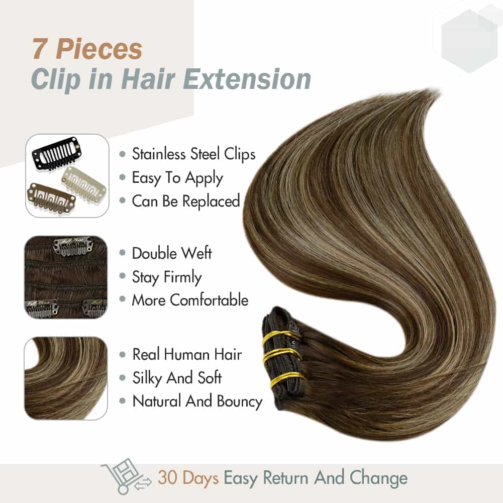 7 Pcs Real Hair Extensions Clip In Human Hair Balayage Brown Great Lengths Remy Hair 